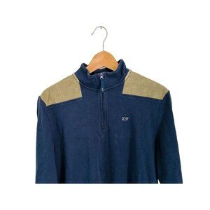 Vineyard Vines 1/4 Zip Sweatshirt Blue Sage/Green Cord Shoulder Patch Size Med